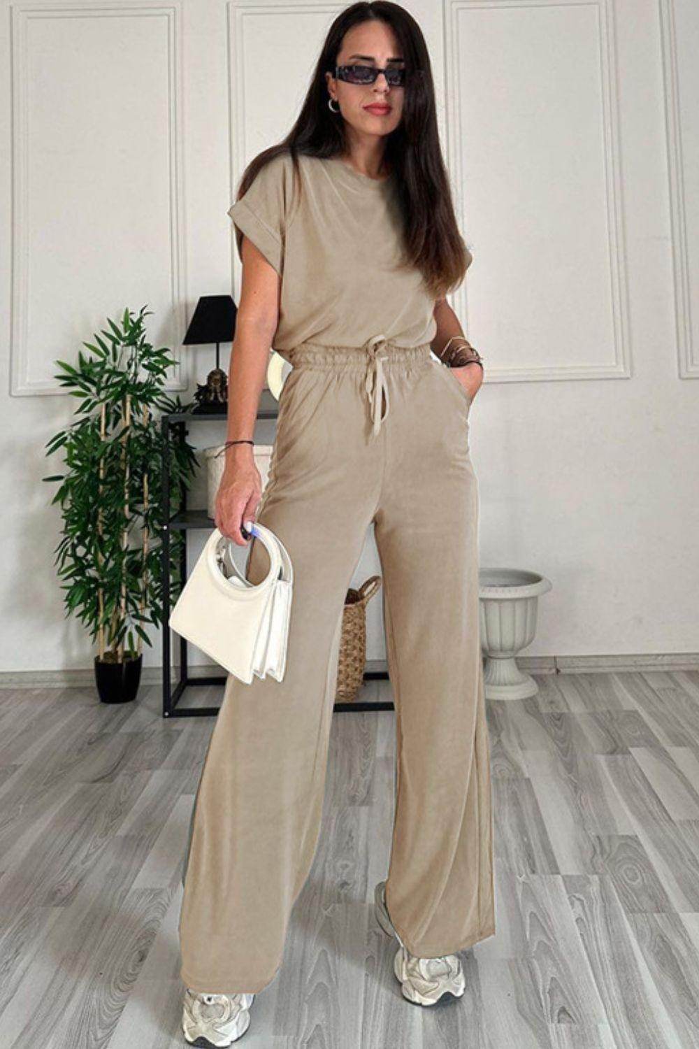 Round Neck Short Sleeve Top and Drawstring Pants Set for Women - Selvanelle