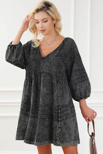 V-Neck Tie Back Mini Denim Dress for Women in Various Sizes - Selvanelle