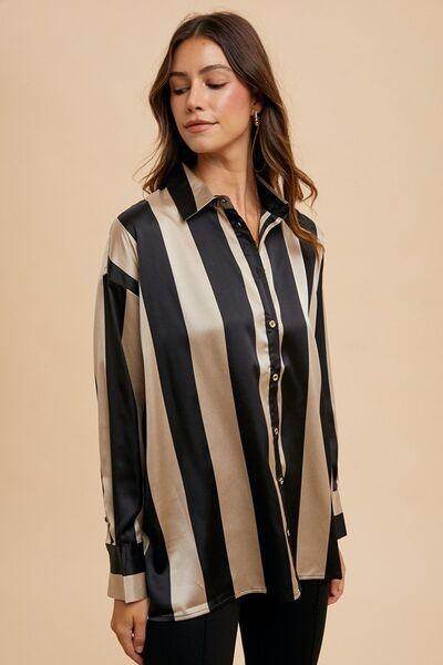 Annie Wear Striped Dropped Shoulder Button Up Shirt For Women - Selvanelle