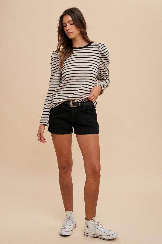 Annie Wear Striped Round Neck Puff Sleeve Top for Women - Selvanelle