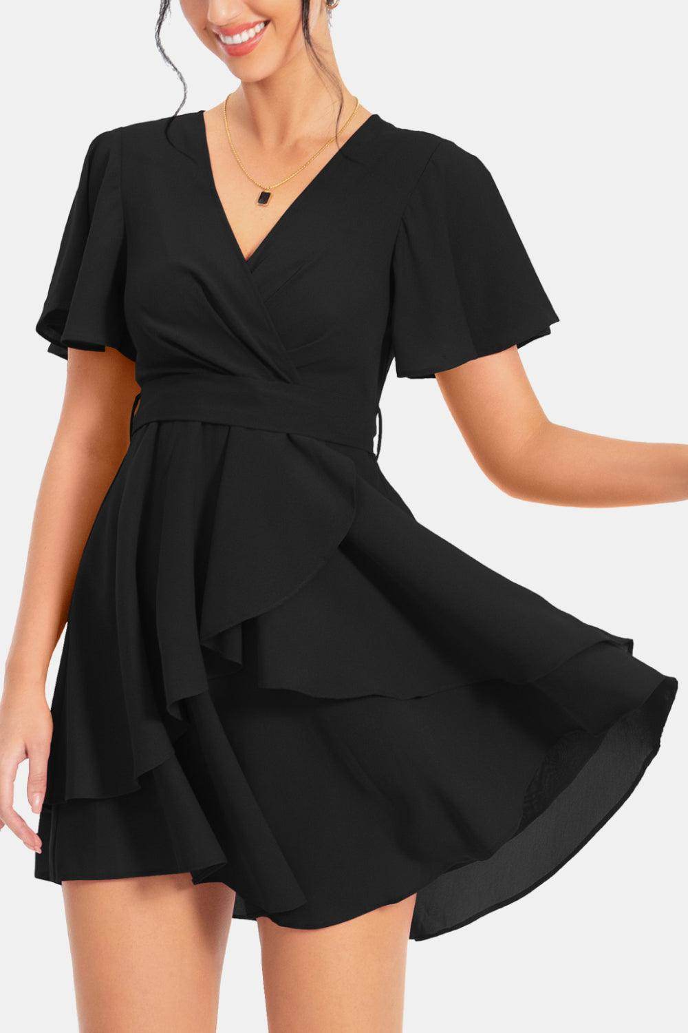 Surplice Neck Flutter Sleeve Dress for Chic Summer Style - Selvanelle