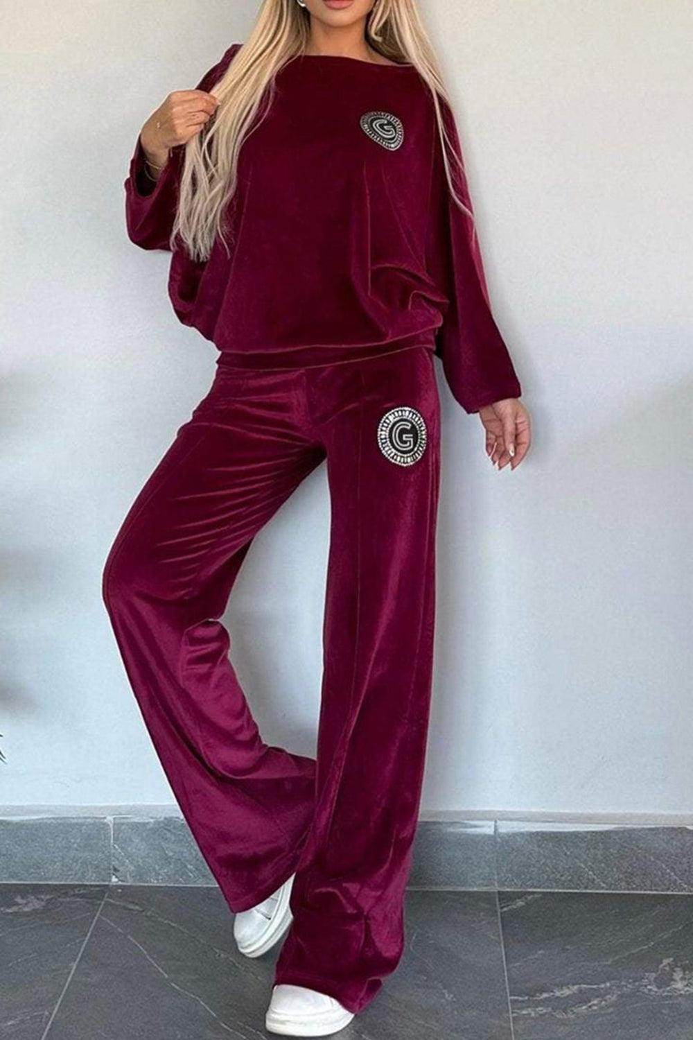 Full Size Boat Neck Long Sleeve Top and Pants Set Outfit - Selvanelle