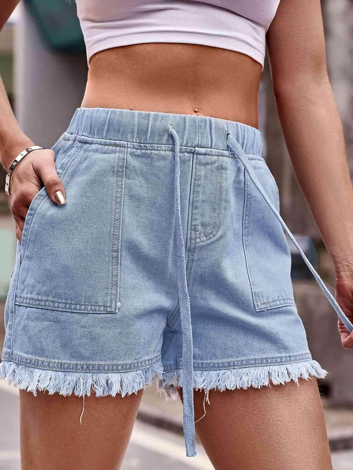 Drawstring Raw Hem Denim Shorts for Casual Chic Style - Selvanelle