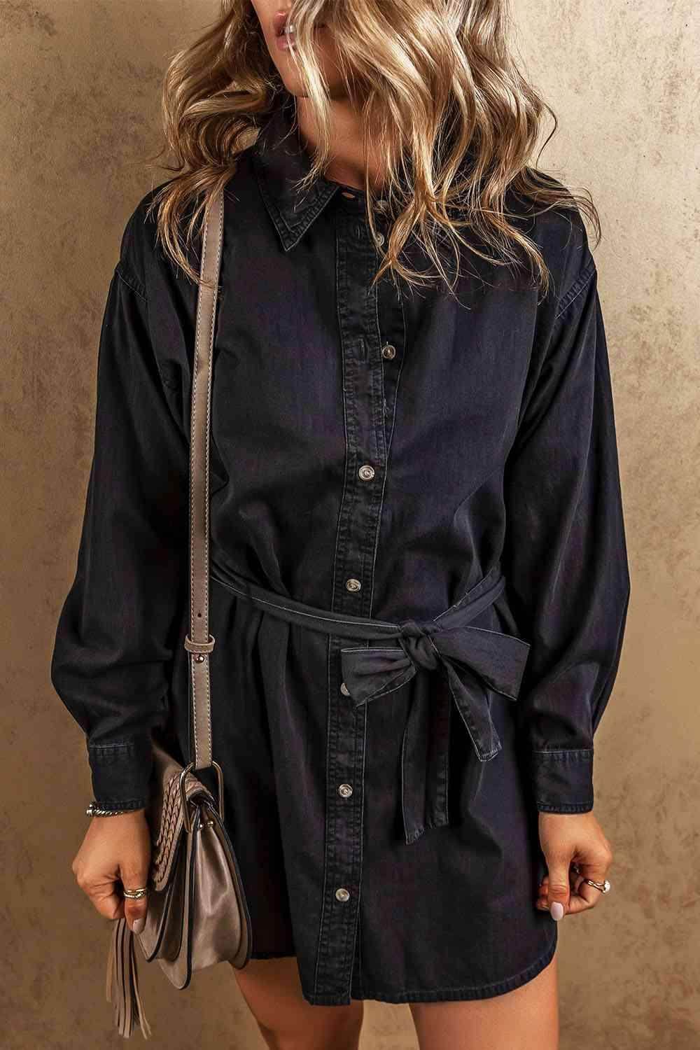 Button Up Collared Neck Denim Dress for Women Stylish Fit - Selvanelle