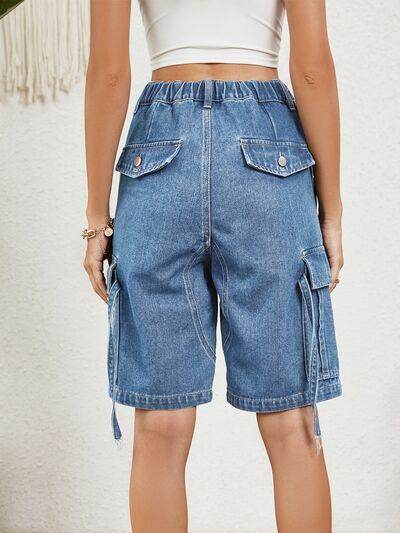 Buttoned Elastic Waist Denim Shorts with Pockets for Women - Selvanelle