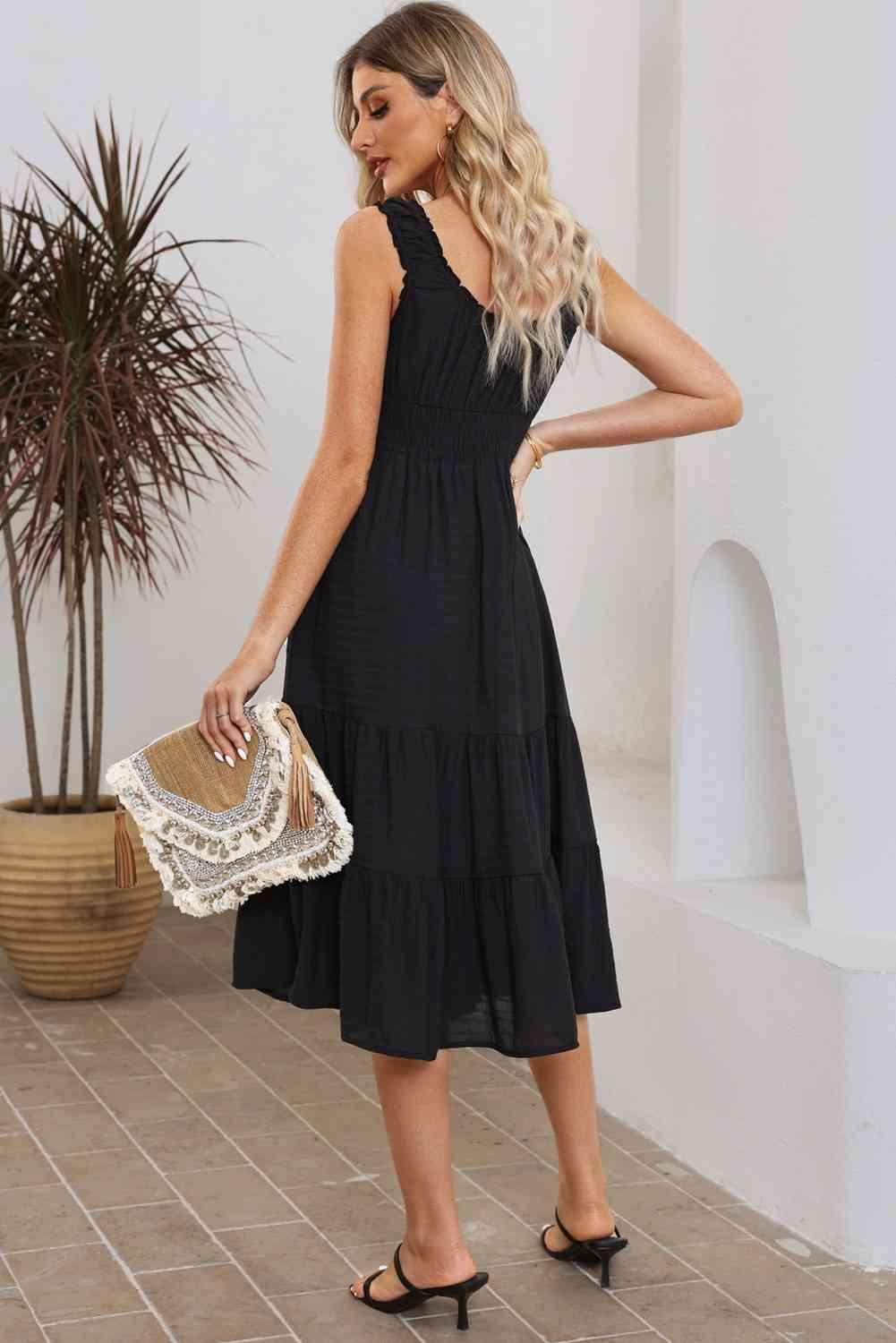 Smocked Waist Sleeveless Tiered Dress with Pockets Midi - Selvanelle