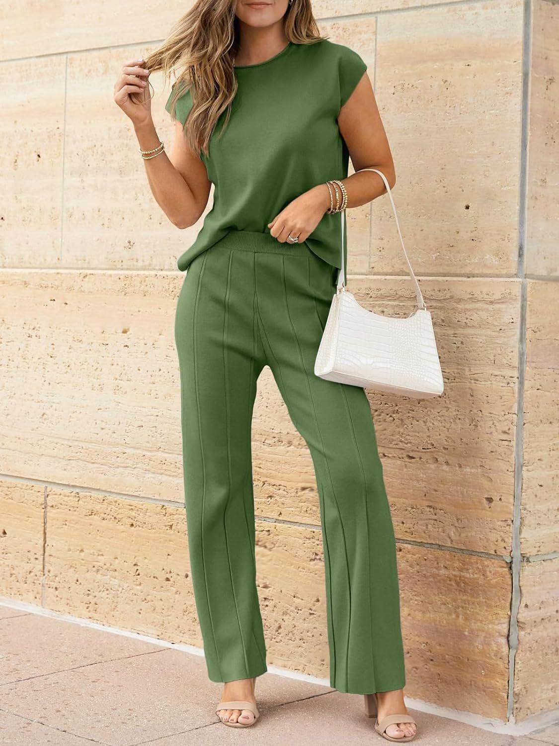 Round Neck Cap Sleeve Top and Pants Knit Set for Women - Selvanelle