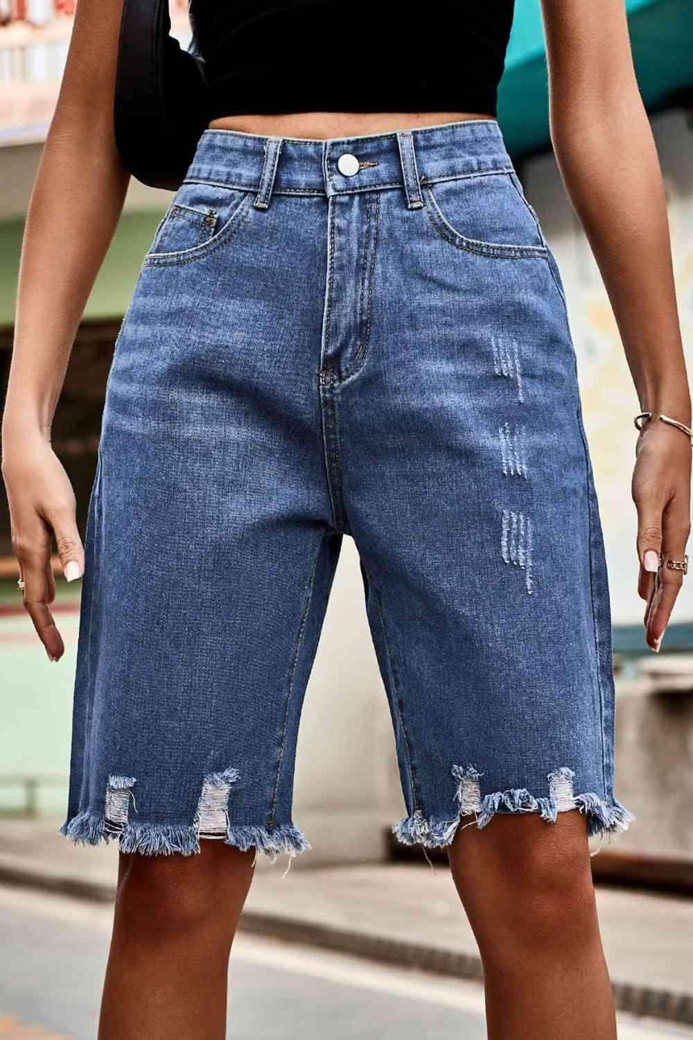 Raw Hem High Waist Denim Shorts with Pockets for Women - Selvanelle