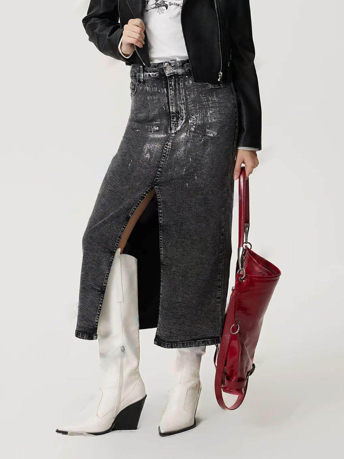 Slit Midi Denim Skirt with Pockets for Effortless Style - Selvanelle