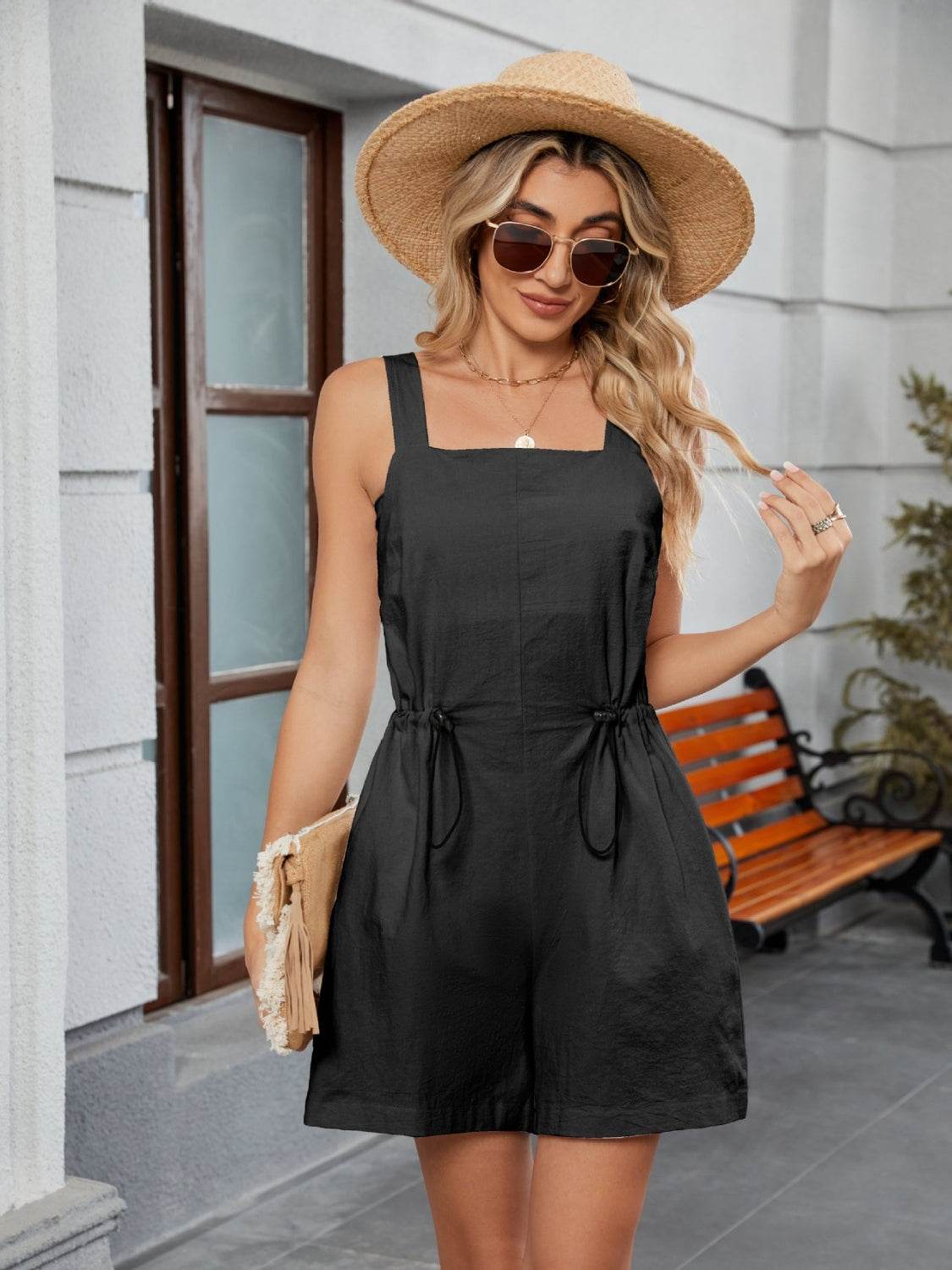 Drawstring Wide Strap Romper with Pockets - Selvanelle