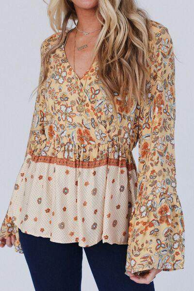 Peplum Printed Surplice Flare Sleeve Blouse for Women - Selvanelle