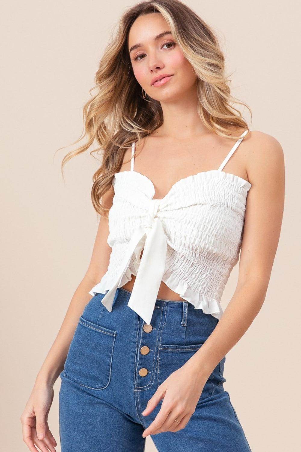 BiBi Ruffled Smocked Ribbon Detail Cami for Women - Selvanelle