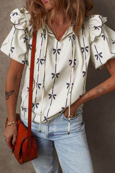 Bow Print Tie Neck Short Sleeve Blouse for Women - Selvanelle