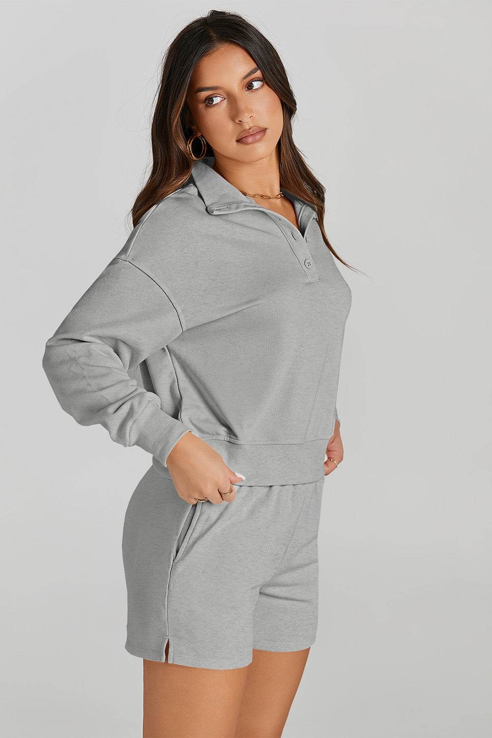 Half Button Sweatshirt and Shorts Active Set - Selvanelle