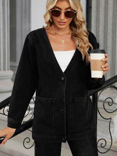 Pocketed V-Neck Button Up Denim Jacket for Stylish Looks - Selvanelle