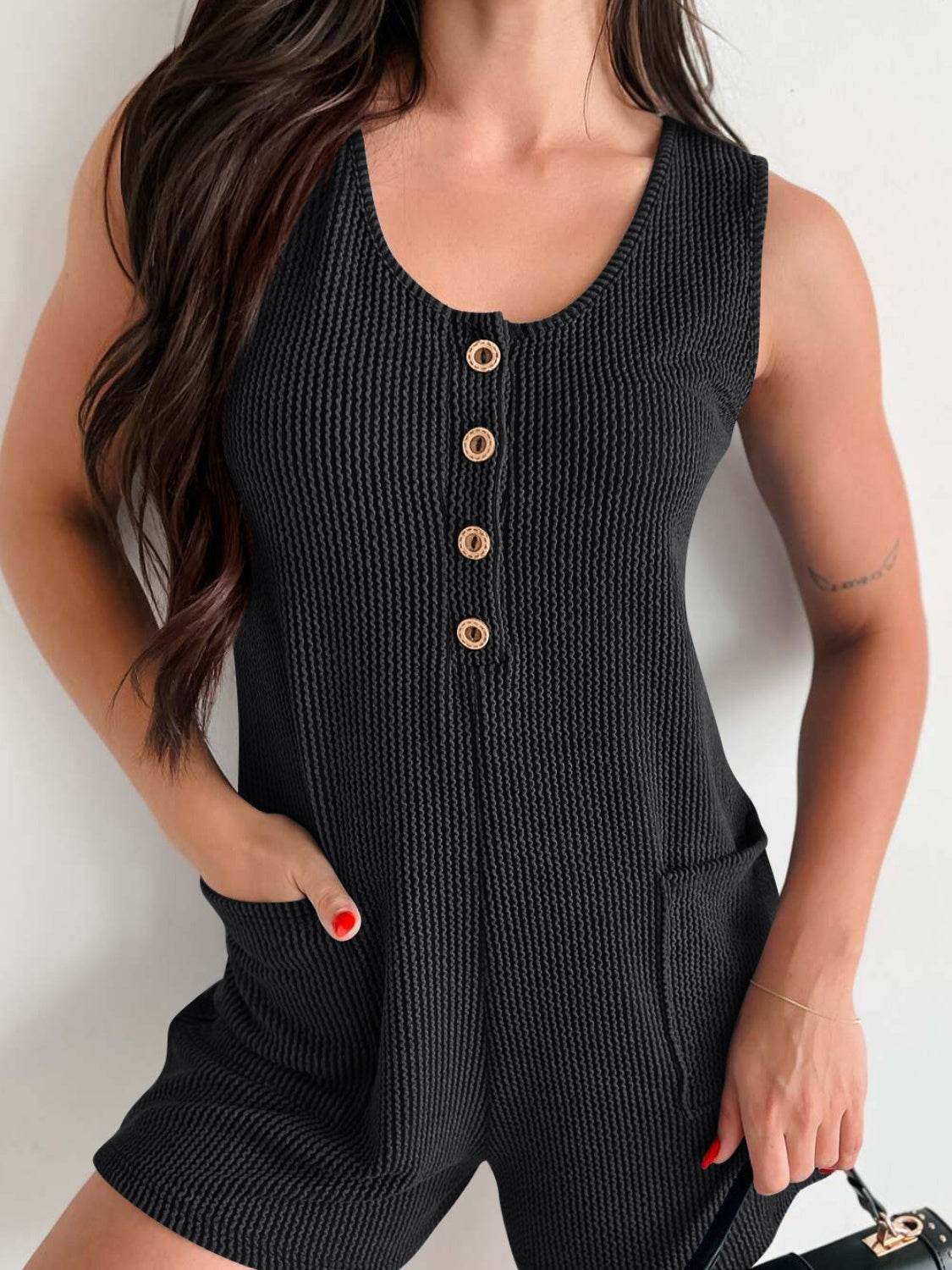 Lovelet Texture Wide Strap Romper with Pockets - Selvanelle