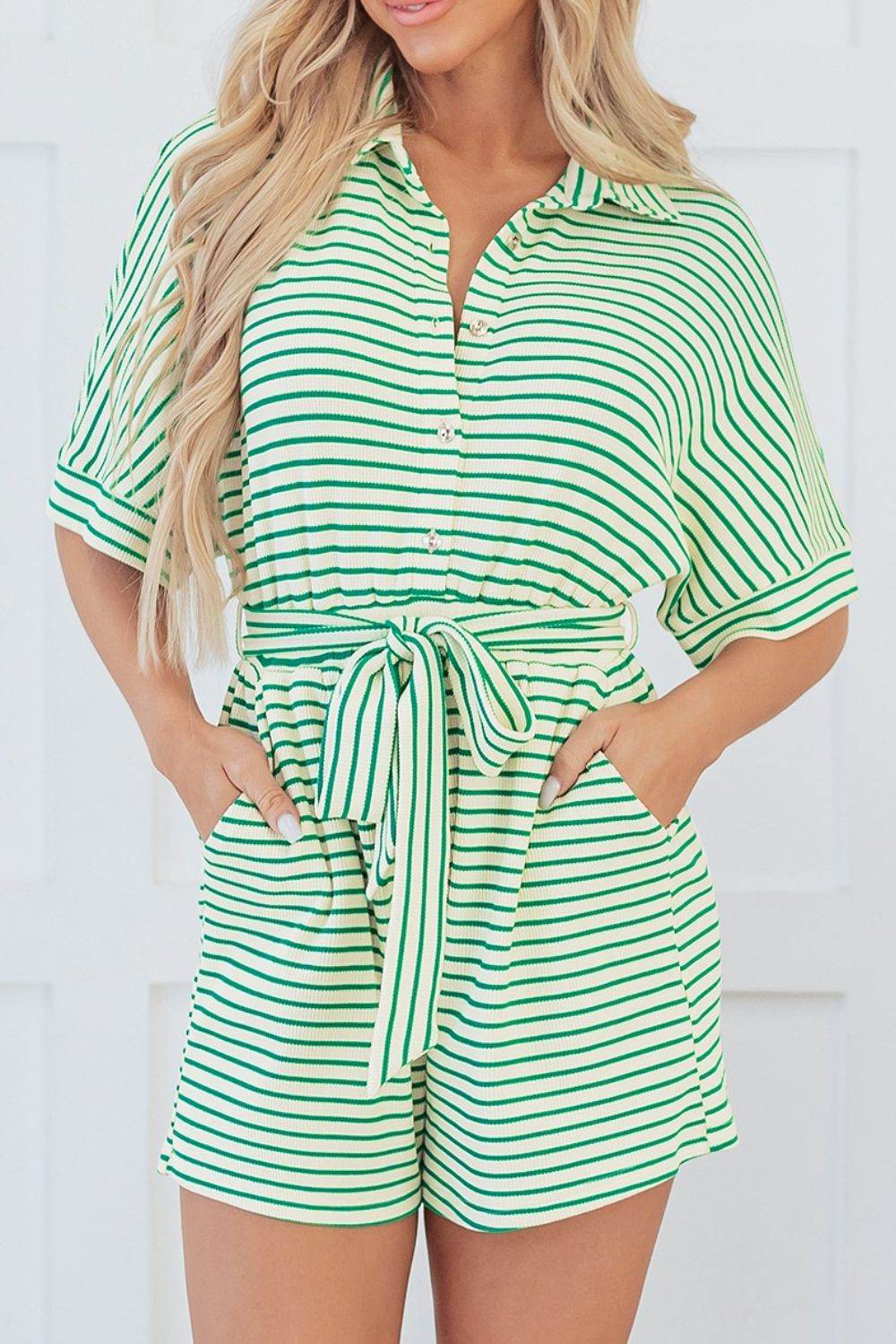 Striped Half Sleeve Tie Waist Romper - Selvanelle