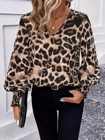 Leopard V-Neck Lantern Sleeve Blouse for Women Fashion - Selvanelle
