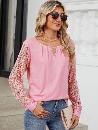 Cutout Round Neck Long Sleeve T-Shirt with Lace Detail - Selvanelle
