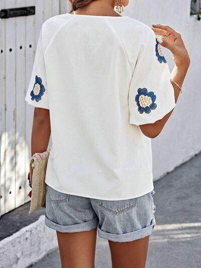 Embroidered Tie Neck Puff Sleeve Blouse for Women Stylish - Selvanelle
