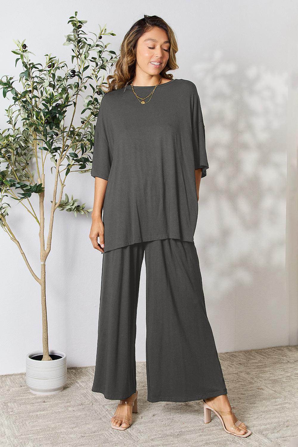 Double Take Full Size Round Neck Slit Top and Pants Set - Selvanelle