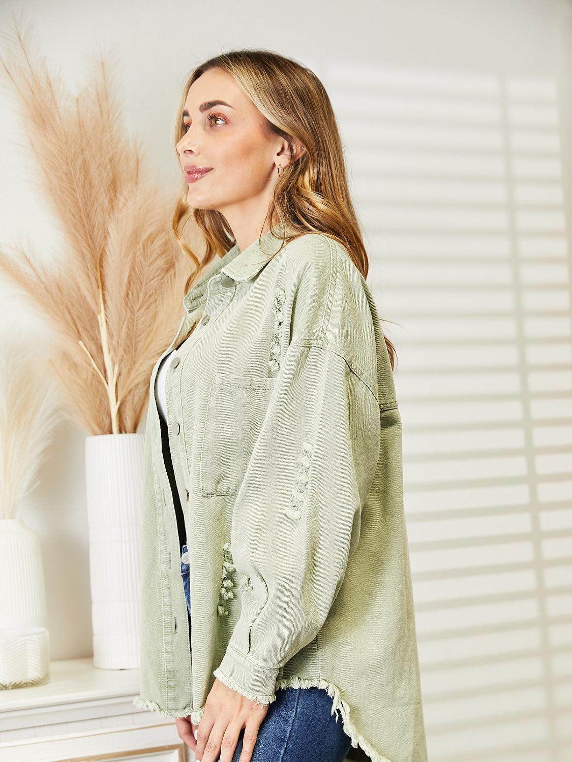 Distressed Raw Hem Denim Jacket for Relaxed Fit Style - Selvanelle
