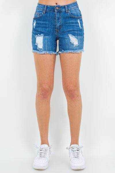 American Bazi High Waist Distressed Frayed Denim Shorts - Selvanelle