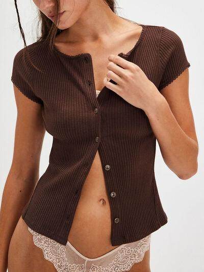 Lovelet Round Neck Button Up Short Sleeve Top for Women - Selvanelle