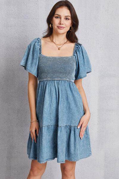 Smocked Square Neck Mini Denim Dress for Women Stylish - Selvanelle