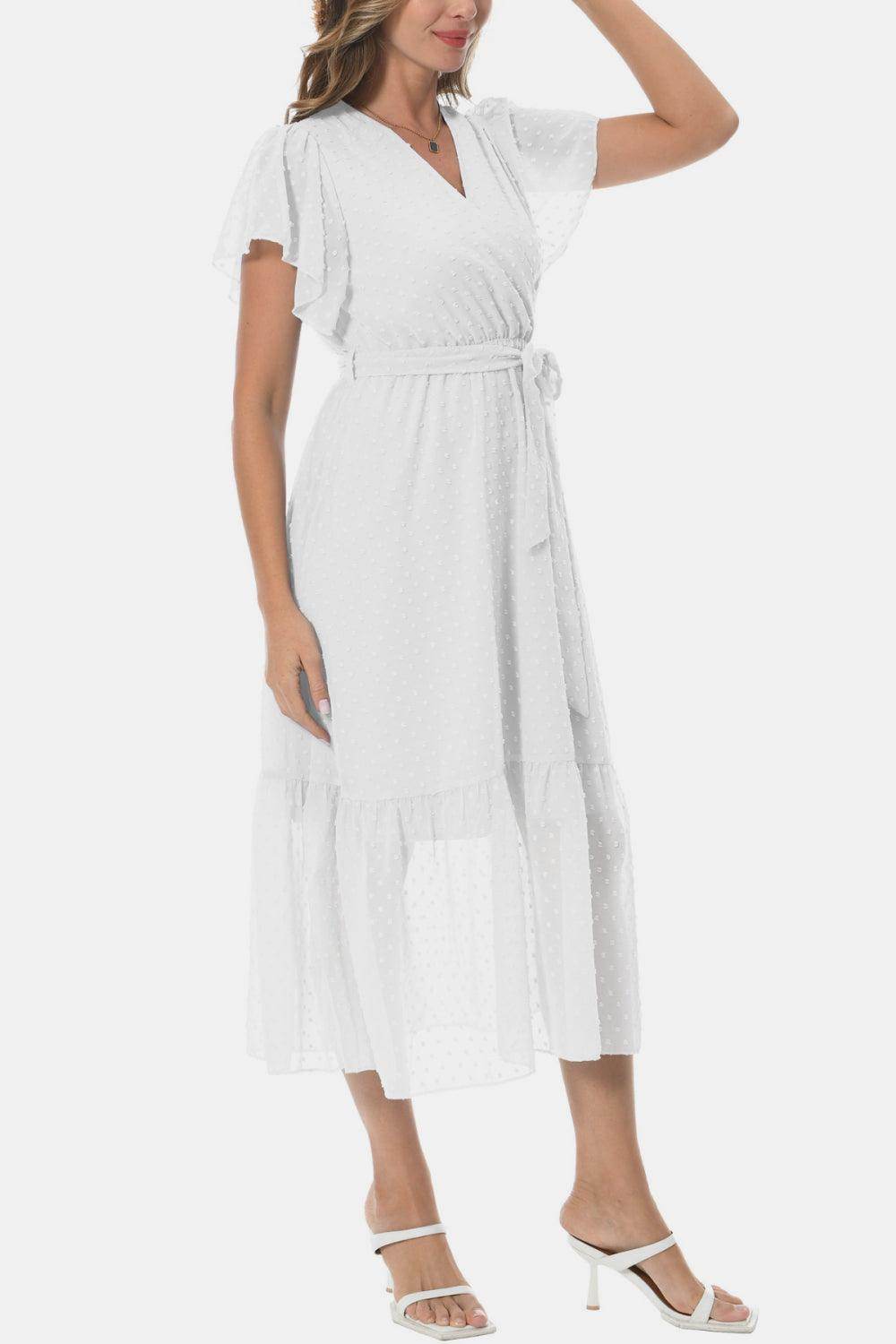 Surplice Neck Flutter Sleeve Tied Dress for Chic Style - Selvanelle