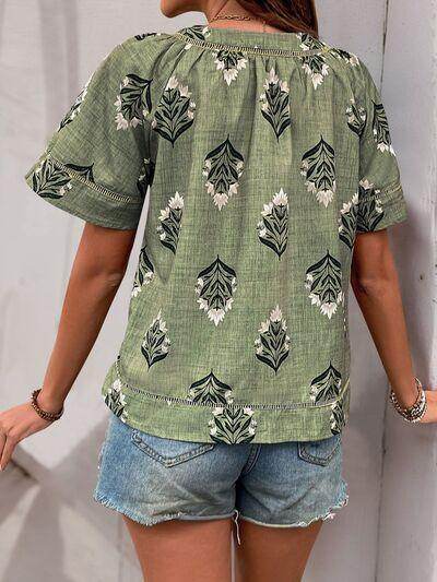 Perfee Printed V-Neck Short Sleeve Blouse for Women - Selvanelle