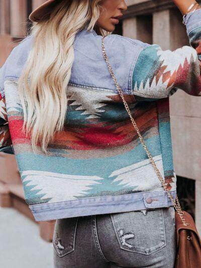 Geometric Button Up Long Sleeve Denim Jacket for Women - Selvanelle