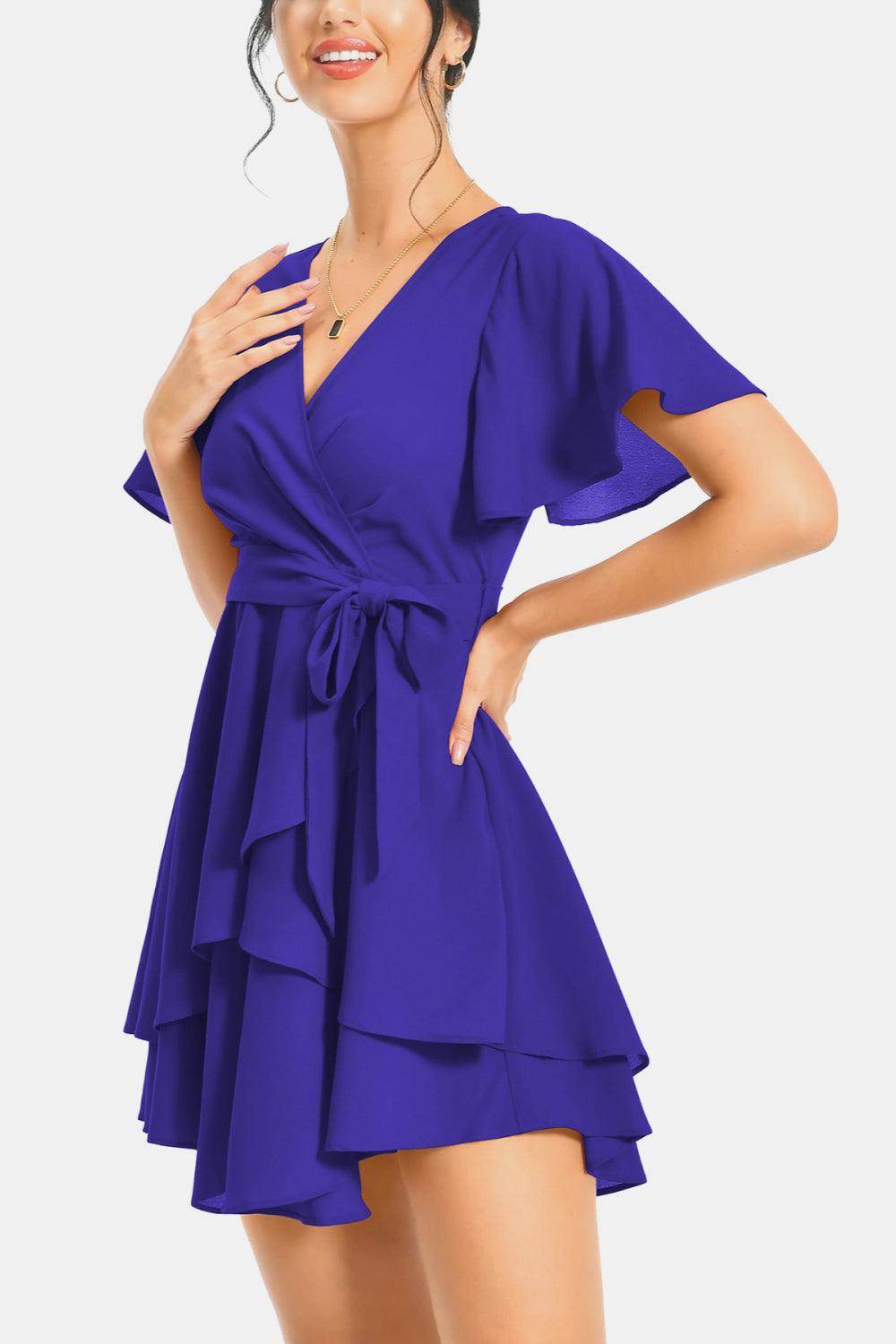 Surplice Neck Flutter Sleeve Dress for Chic Summer Style - Selvanelle