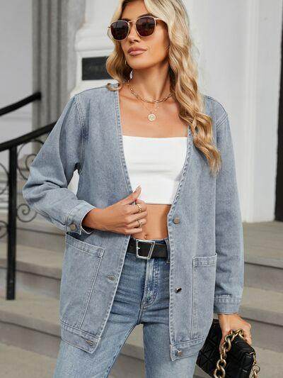 Pocketed V-Neck Button Up Denim Jacket for Stylish Looks - Selvanelle
