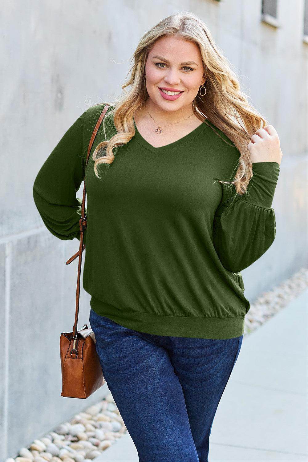 Basic Bae Full Size V-Neck Lantern Sleeve Top for Women - Selvanelle