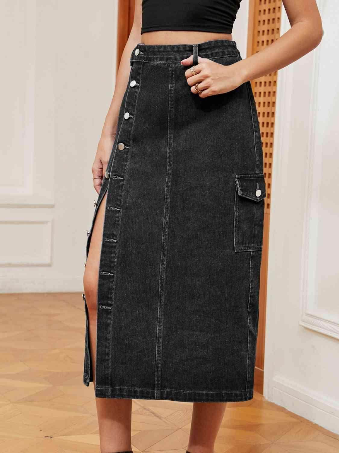 Button Down Midi Denim Skirt with Pockets and Button Detail - Selvanelle