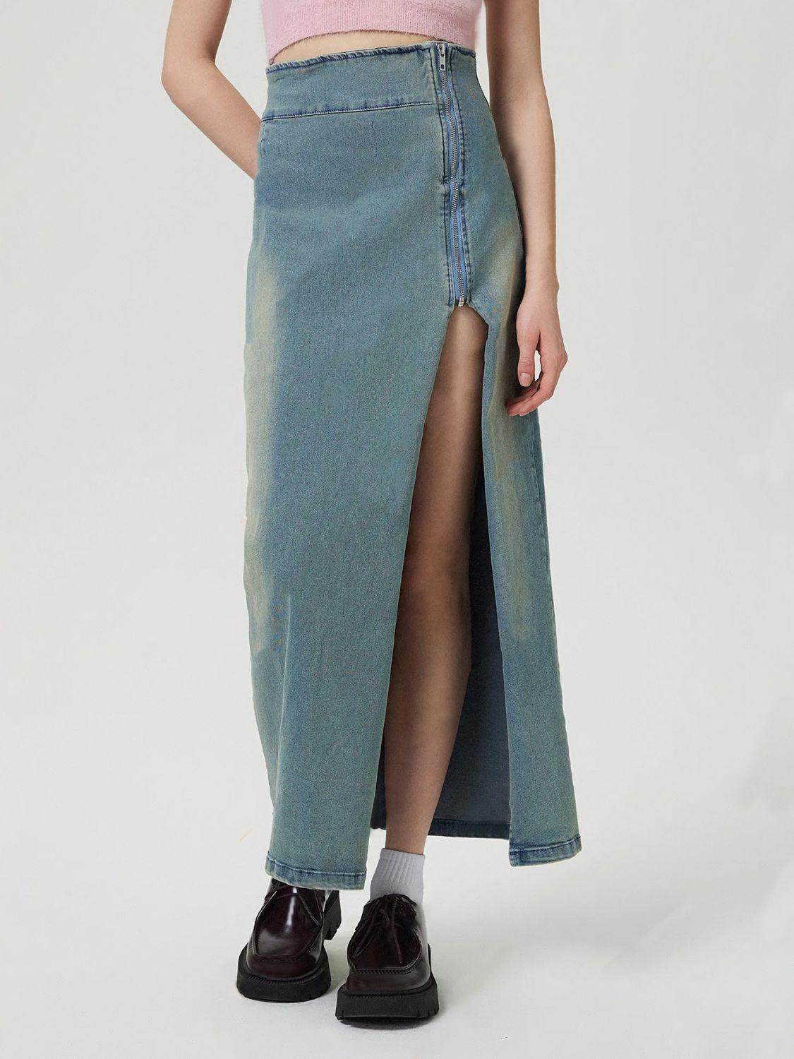 Slit Denim Skirt with Zip for Women in Various Sizes - Selvanelle