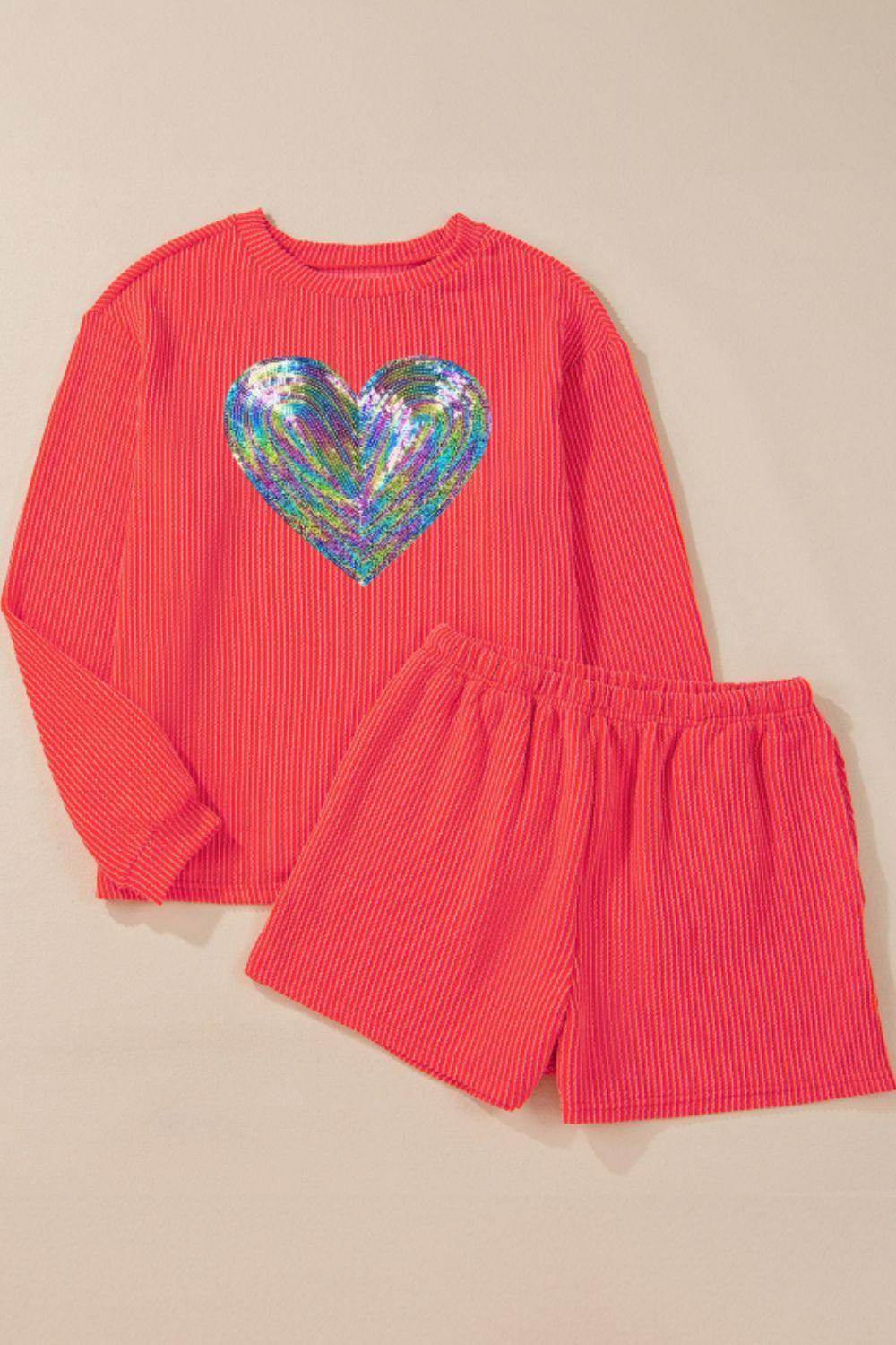 Sequin Heart Round Neck Long Sleeve Top and Shorts Set - Selvanelle