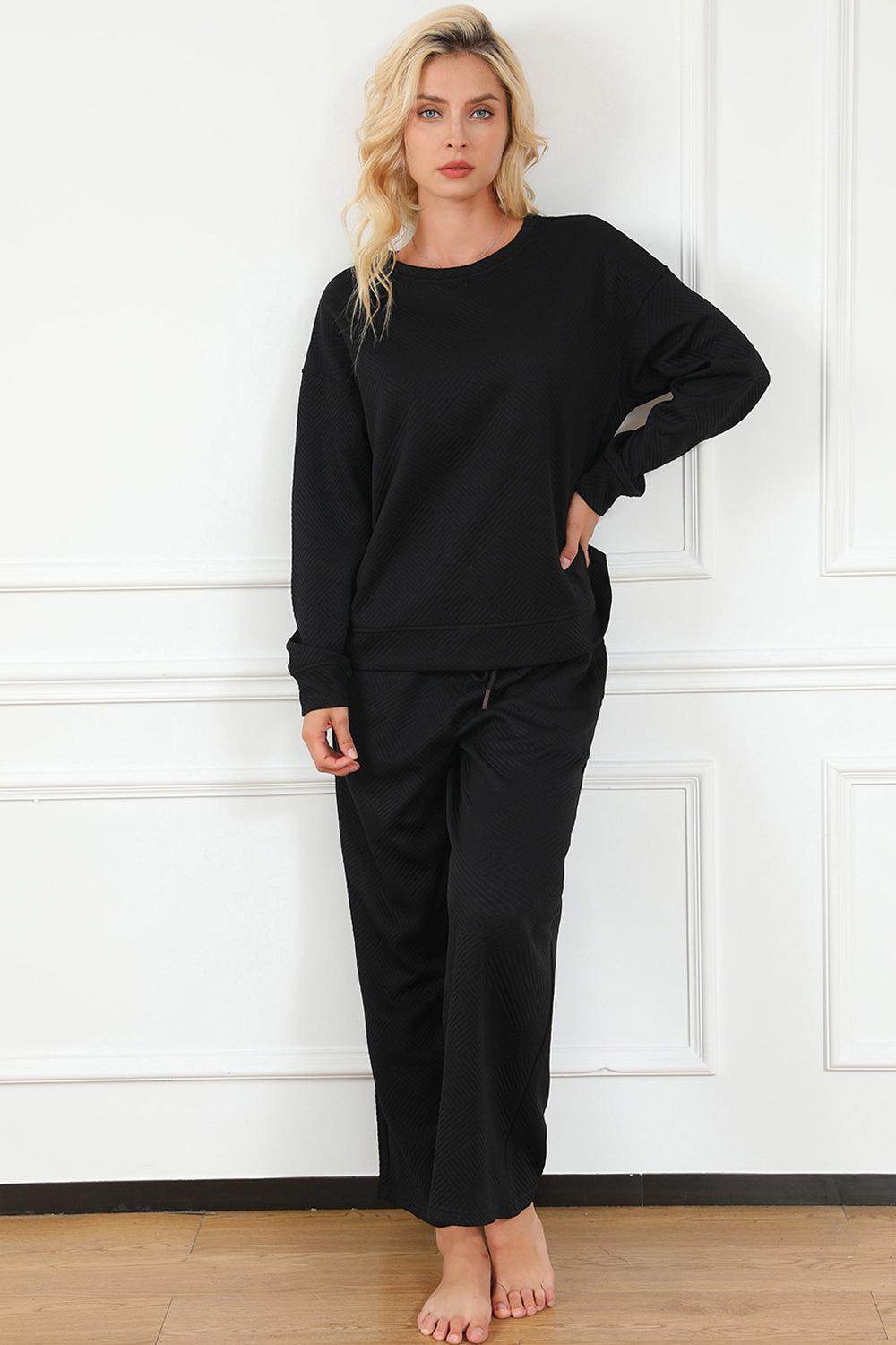 Double Take Full Size Textured Long Sleeve Top and Drawstring Pants Set for Women - Selvanelle