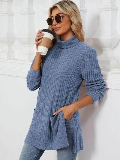 Slit Mock Neck Long Sleeve T-Shirt for Women with Pocket - Selvanelle