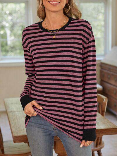 Lovelet Striped Round Neck Long Sleeve T-Shirt for Women - Selvanelle