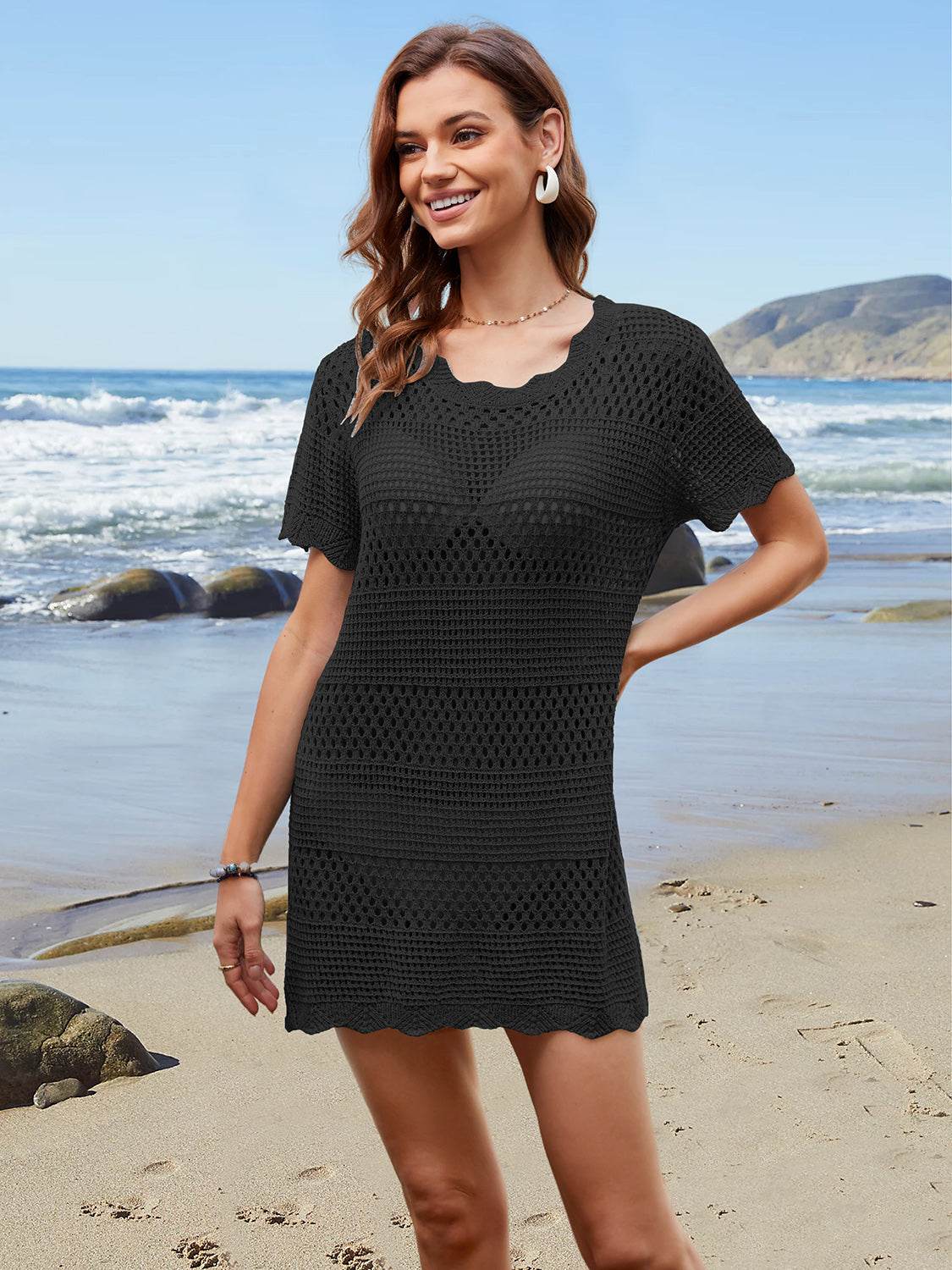 Openwork Round Neck Short Sleeve Cover-UP - Selvanelle