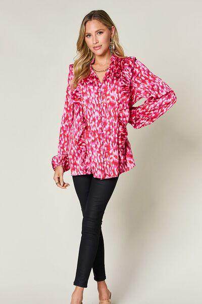 Double Take Full Size Printed Ruffle Trim Balloon Sleeve Shirt - Selvanelle