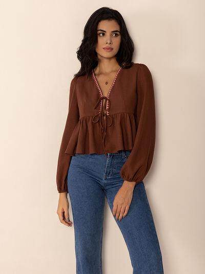Peplum Tied V-Neck Long Sleeve Blouse for Women - Selvanelle
