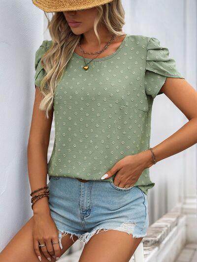 Perfee Swiss Dot Round Neck Petal Sleeve Blouse for Women - Selvanelle