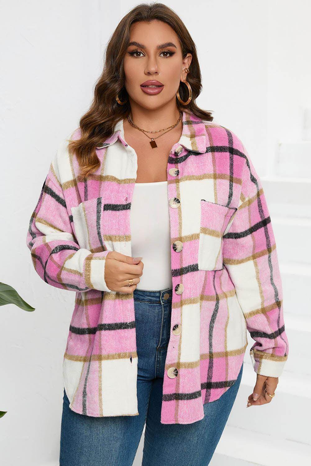 Plaid Button Up Dropped Shoulder Jacket for Women Stylish - Selvanelle