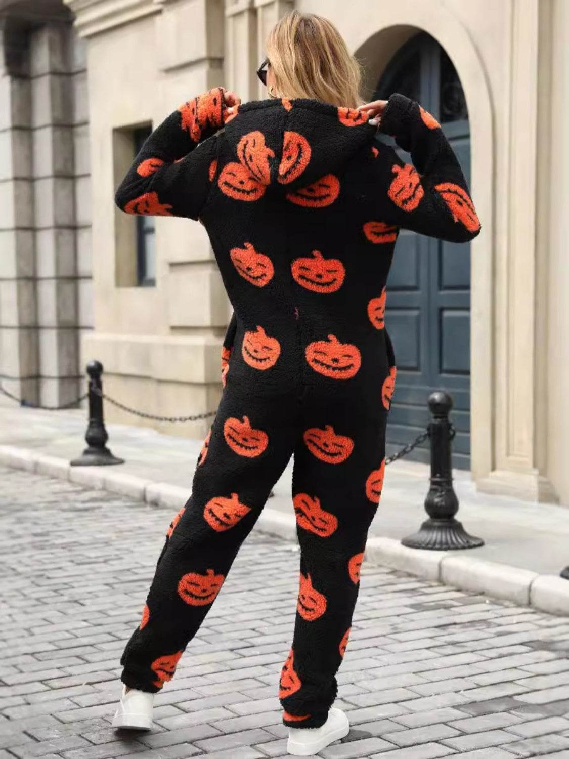 Fuzzy Pumpkin Half Zip Hooded Jumpsuit - Selvanelle