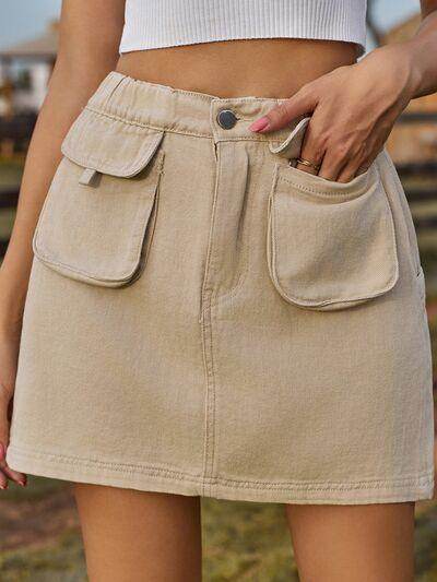 Pocketed Elastic Waist Denim Skirt for Women Fashion - Selvanelle