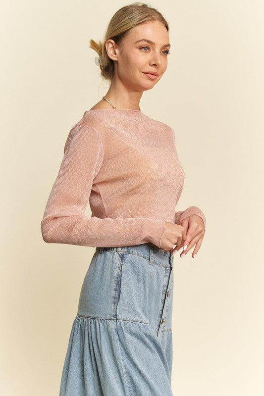 Davi & Dani Glitter Mesh Lettuce Hem Long Sleeve Top Women - Selvanelle