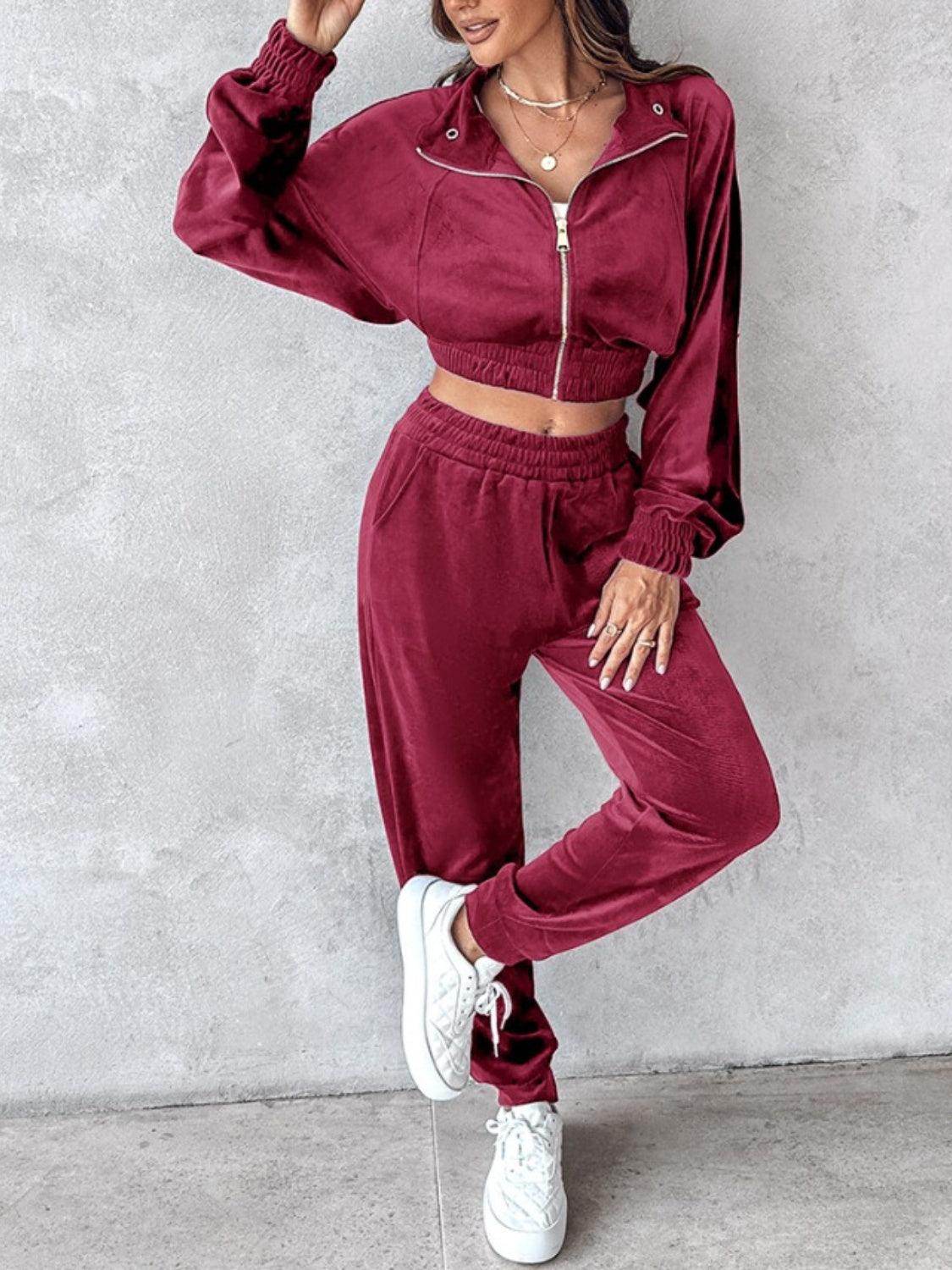 Zip Up Long Sleeve Cropped Top and Joggers Set for Women - Selvanelle